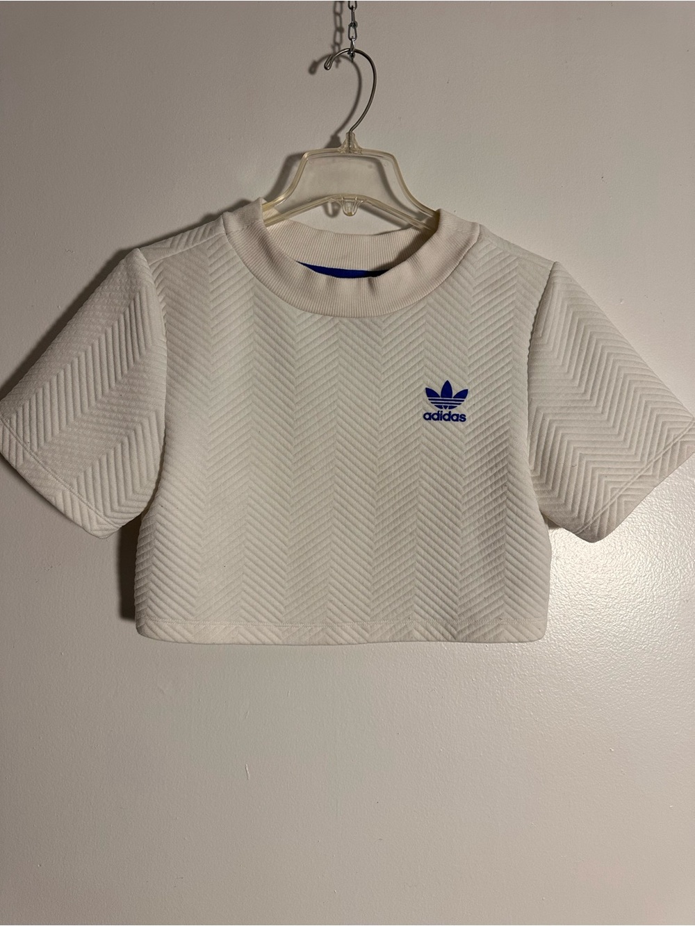 adidas White Cropped Short Sleeve Tee with Blue Trefoil